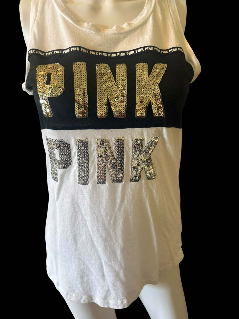 Victoria's Secret PINK White & Black Sequin Logo Tank Top